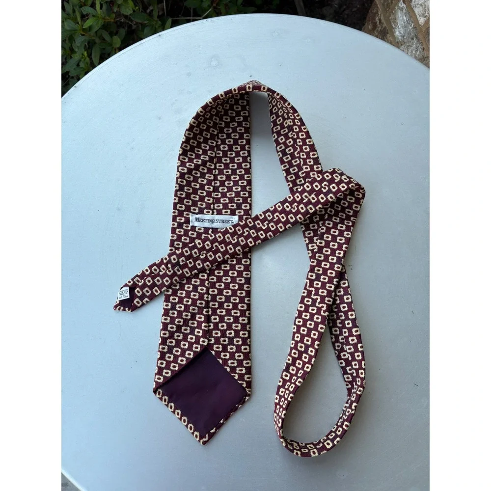 Meeting Street Burgundy Cream Geometric Medallion 100% Silk Tie Made in USA